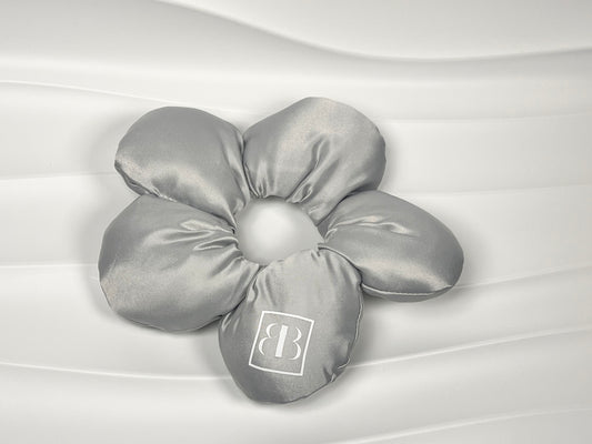 Grey Satin Flower Decor Hair Scrunchie