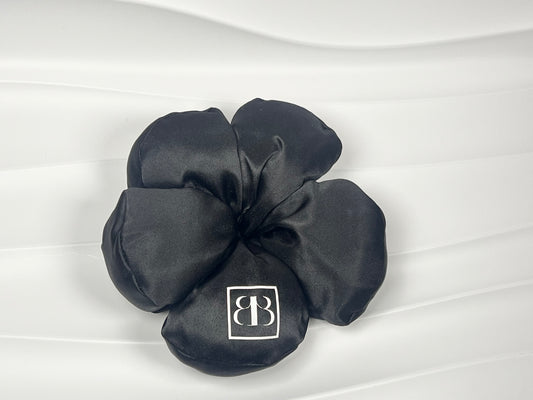 Black Satin Flower Decor Hair Scrunchie